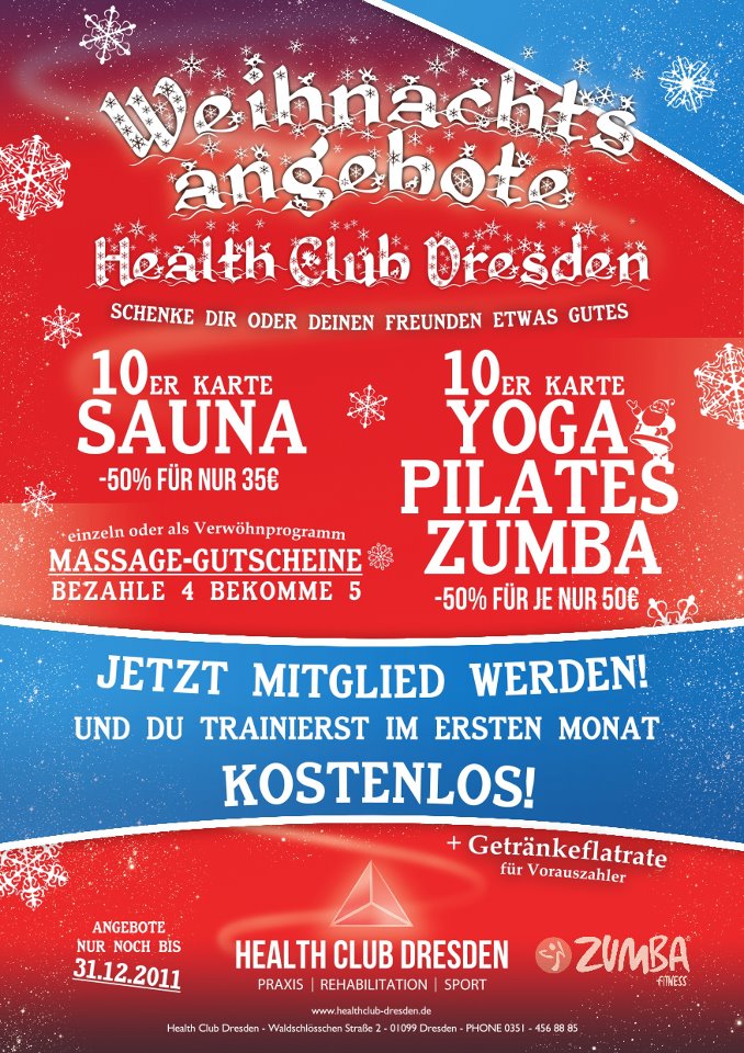 Weihnachtsangebote bis 31.12.2011: 10er Karte Sauna -50% für nur 35EUR, 10er Karte Yoga Pilates Zumba -50% für je nur 50EUR